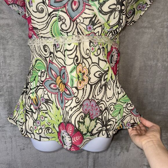 Vintage Bandolino Y2K Babydoll Floral Top Sz 14 Fairy Lace Trim - Picture 2 of 10